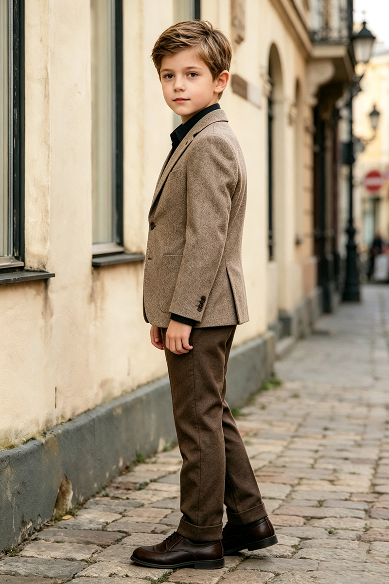 Boys Taupe Tweed with Notch Lapel 2-Piece Suit for Weddings