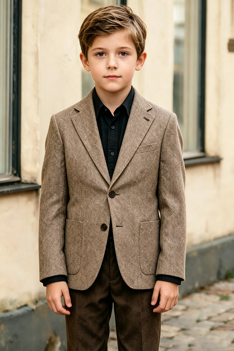 Boys Taupe Tweed with Notch Lapel 2-Piece Suit for Weddings