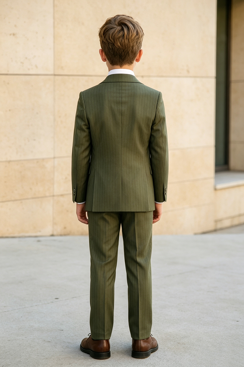 Boys Olive Pinstripe with Peak Lapel 3-Piece Suit for Weddings