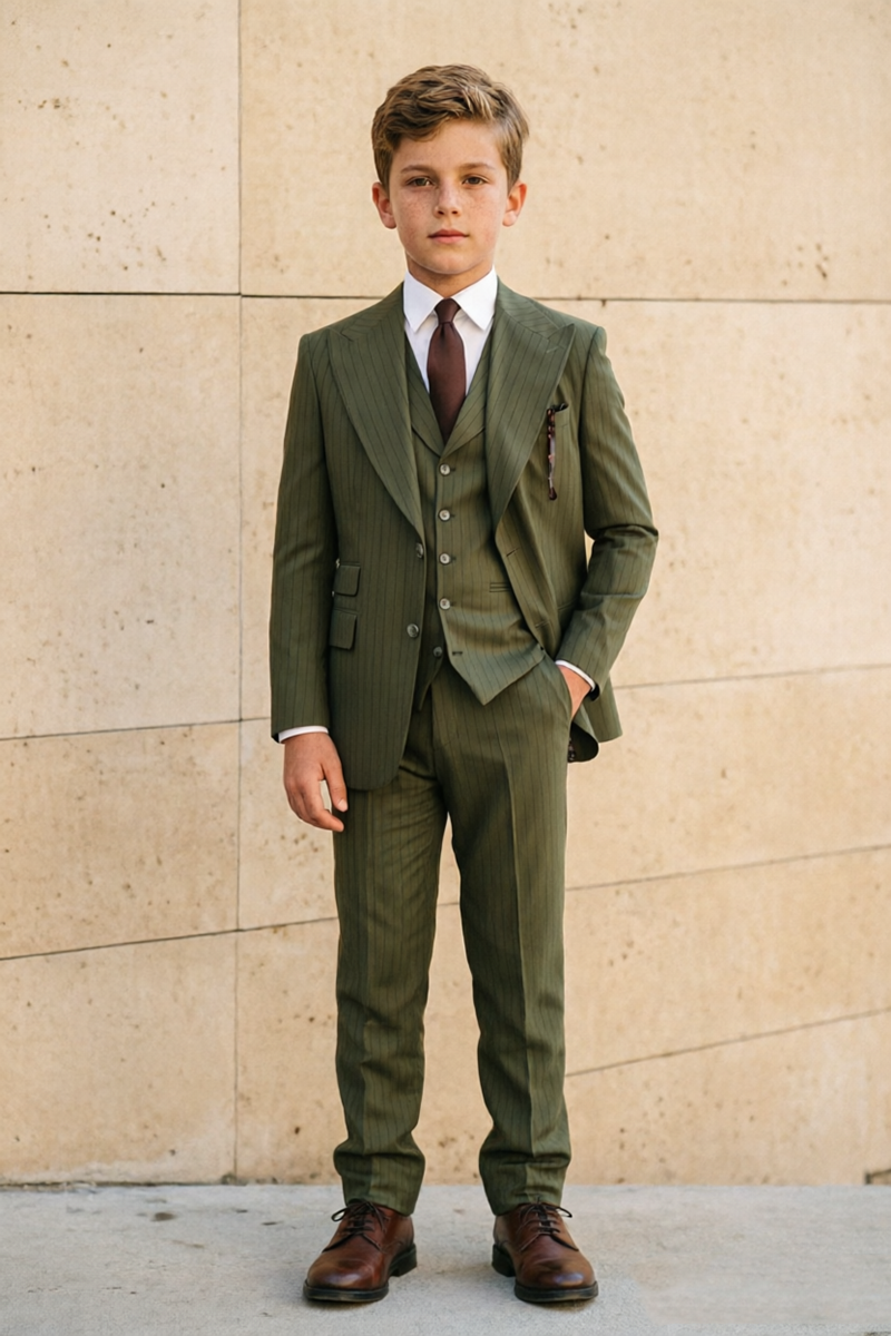 Boys Olive Pinstripe with Peak Lapel 3-Piece Suit for Weddings