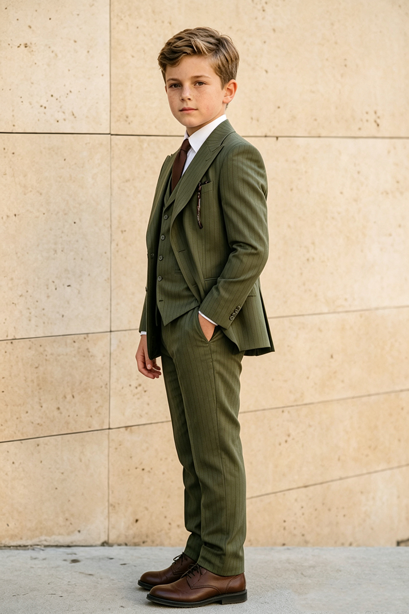Boys Olive Pinstripe with Peak Lapel 3-Piece Suit for Weddings