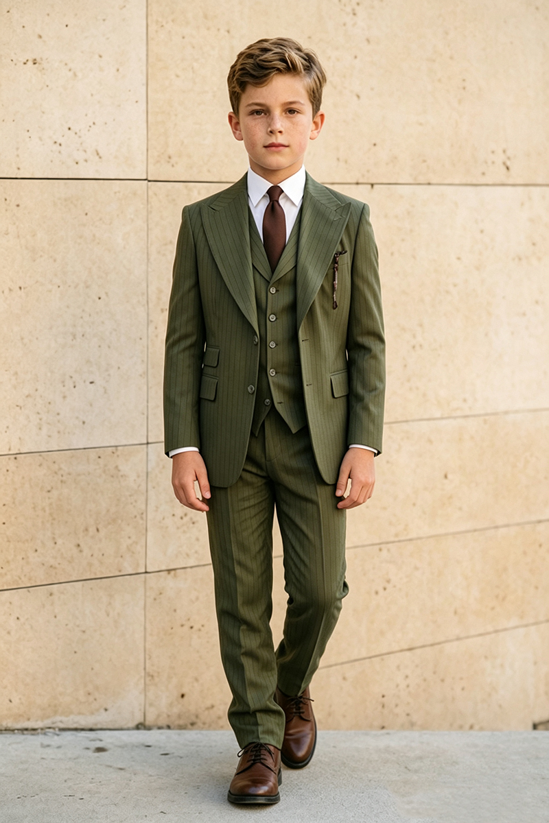 Boys Olive Pinstripe with Peak Lapel 3-Piece Suit for Weddings