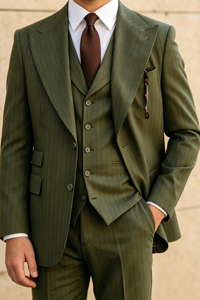 Boys Olive Pinstripe with Peak Lapel 3-Piece Suit for Weddings