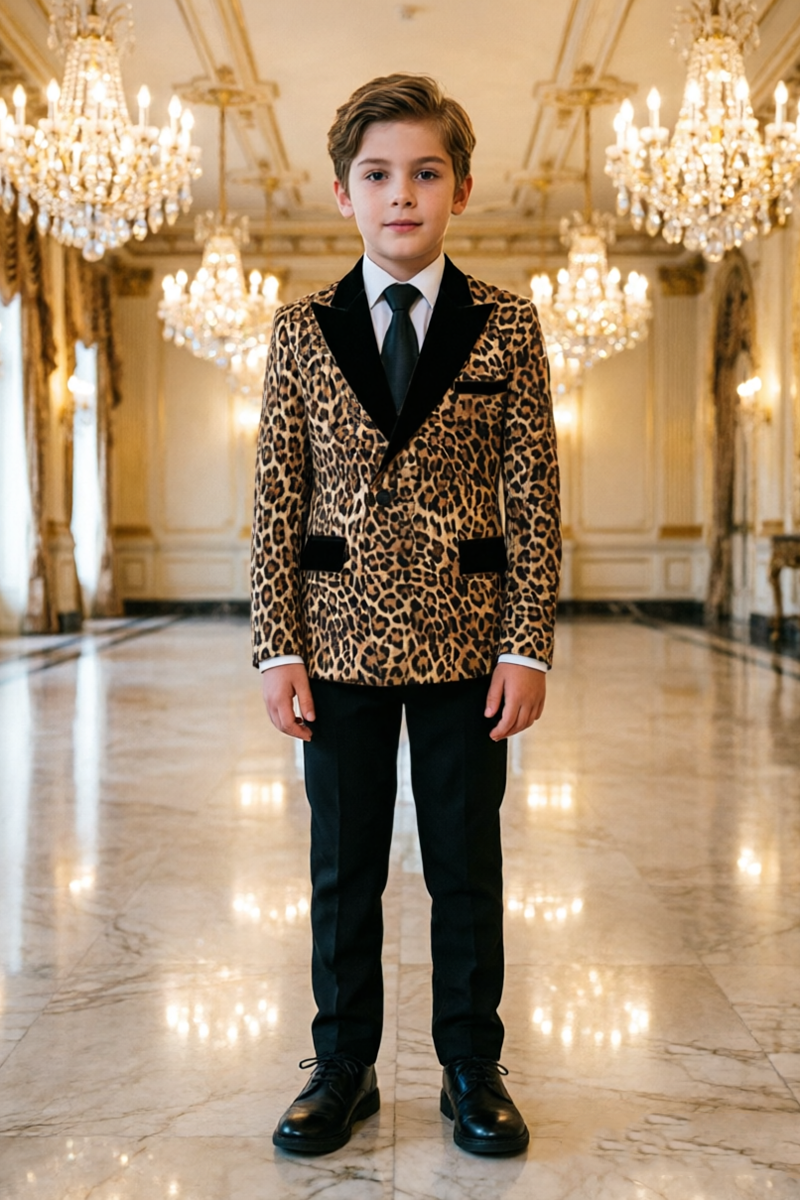 Boys Leopard Print Tuxedo with Velvet Shawl Lapel 2-Piece Suit