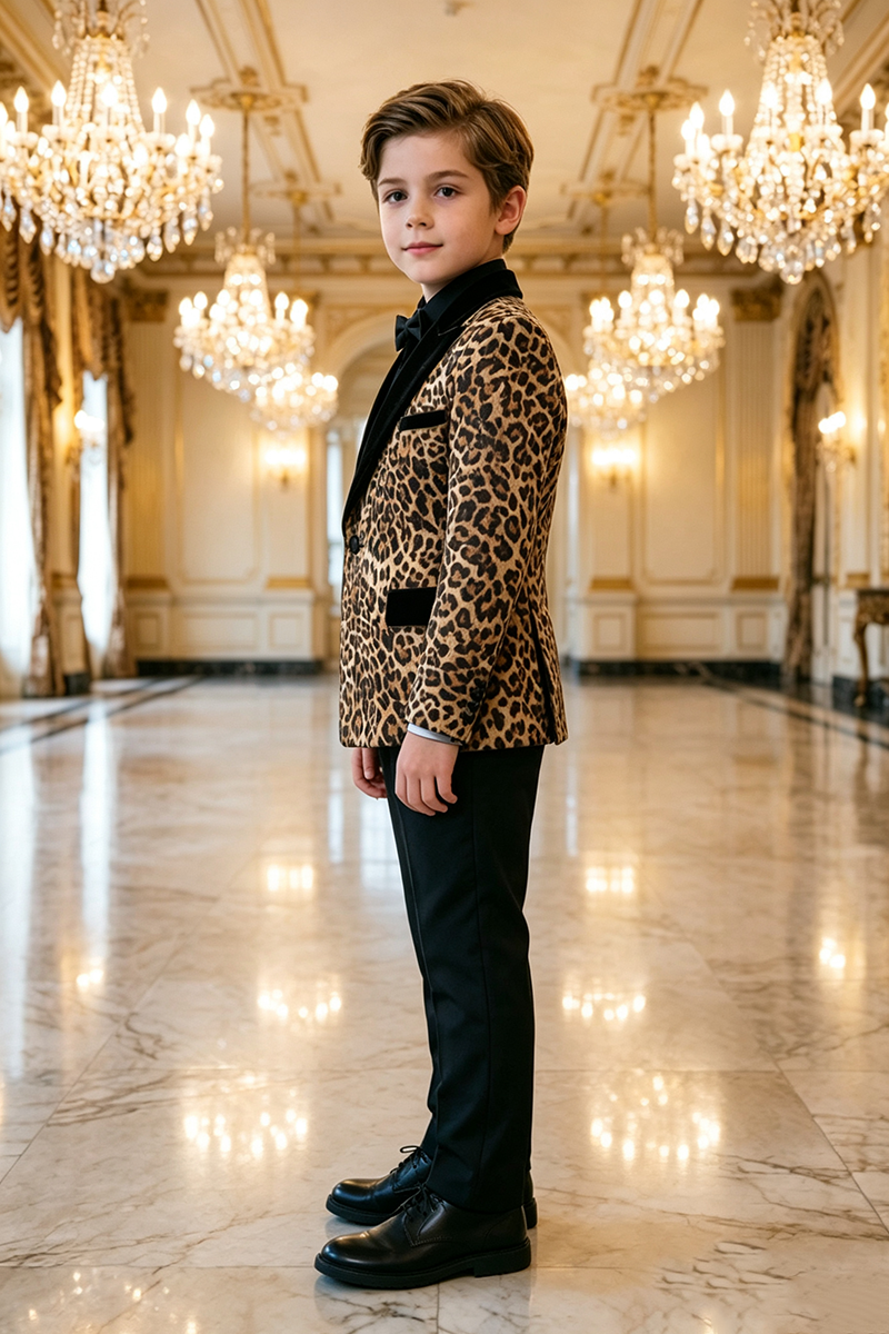 Boys Leopard Print Tuxedo with Velvet Shawl Lapel 2-Piece Suit