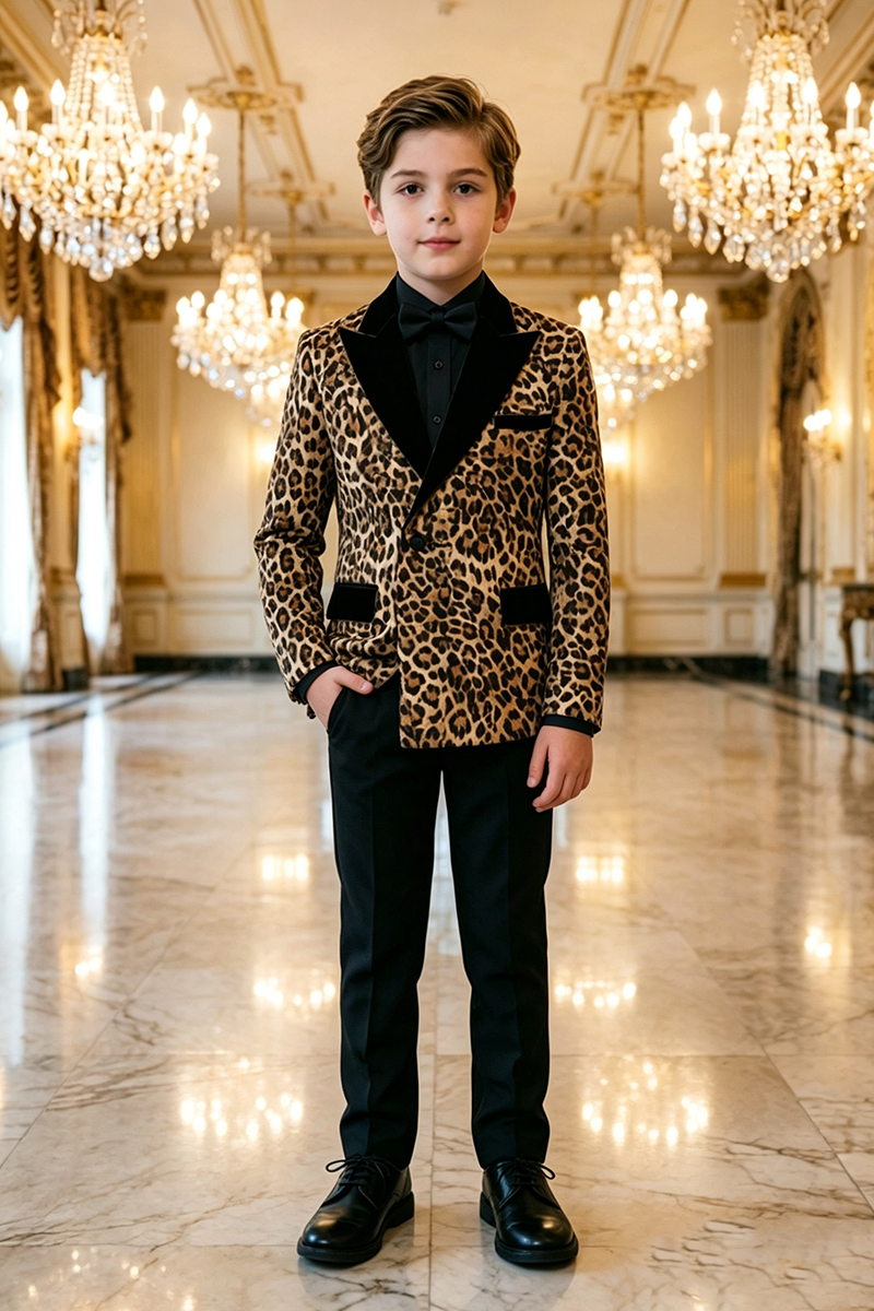 Boys Leopard Print Tuxedo with Velvet Shawl Lapel 2-Piece Suit