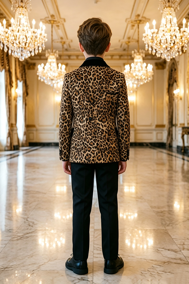 Boys Leopard Print Tuxedo with Velvet Shawl Lapel 2-Piece Suit