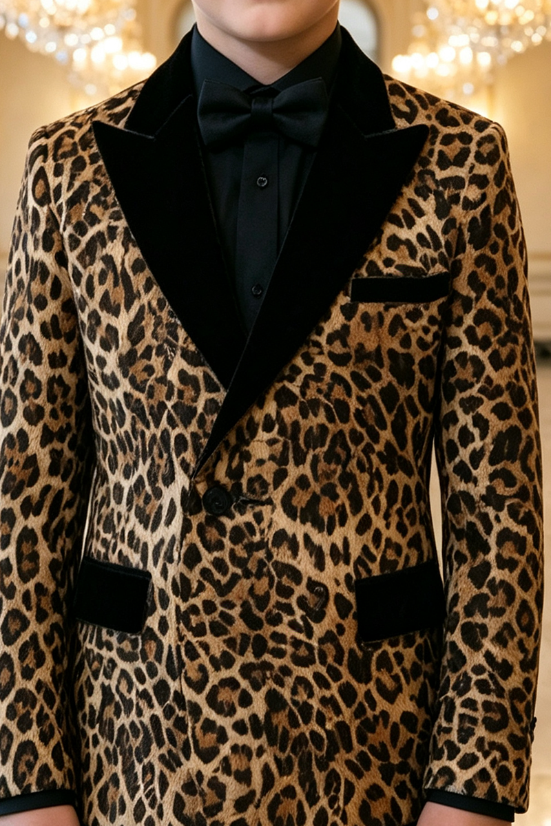 Boys Leopard Print Tuxedo with Velvet Shawl Lapel 2-Piece Suit