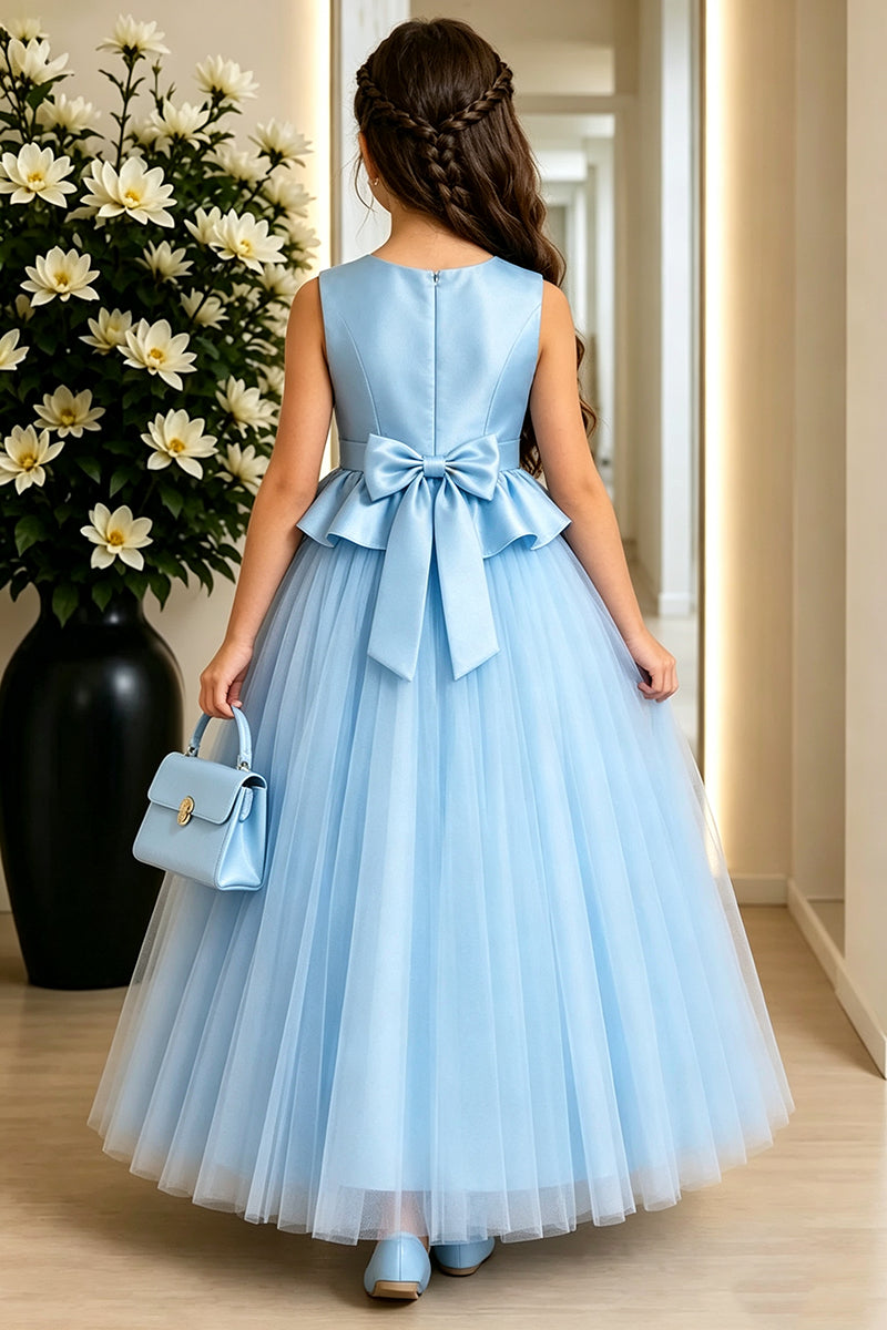 Girls Light Blue Tulle Gown for Weddings with Bow Detail