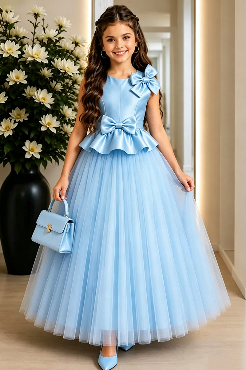 Girls Light Blue Tulle Gown for Weddings with Bow Detail