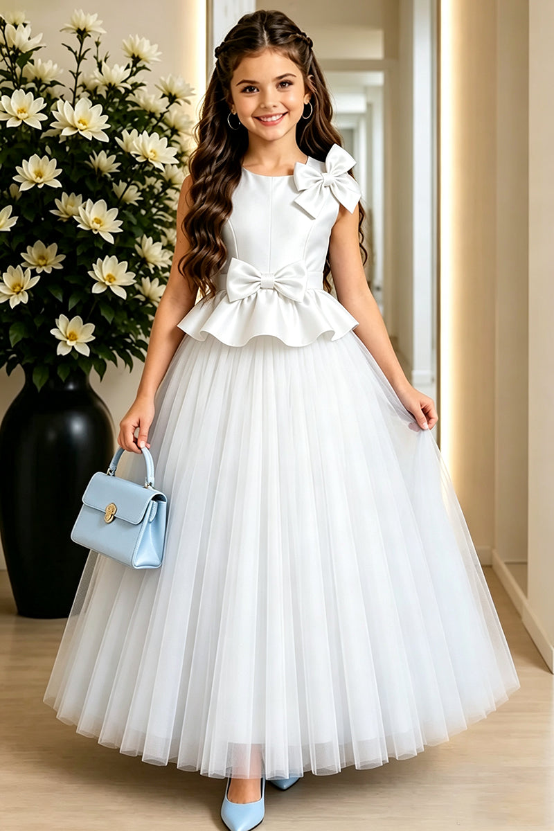 Girls Light Blue Tulle Gown for Weddings with Bow Detail