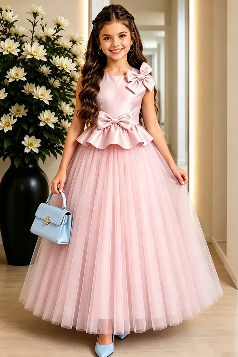 Girls Light Blue Tulle Gown for Weddings with Bow Detail