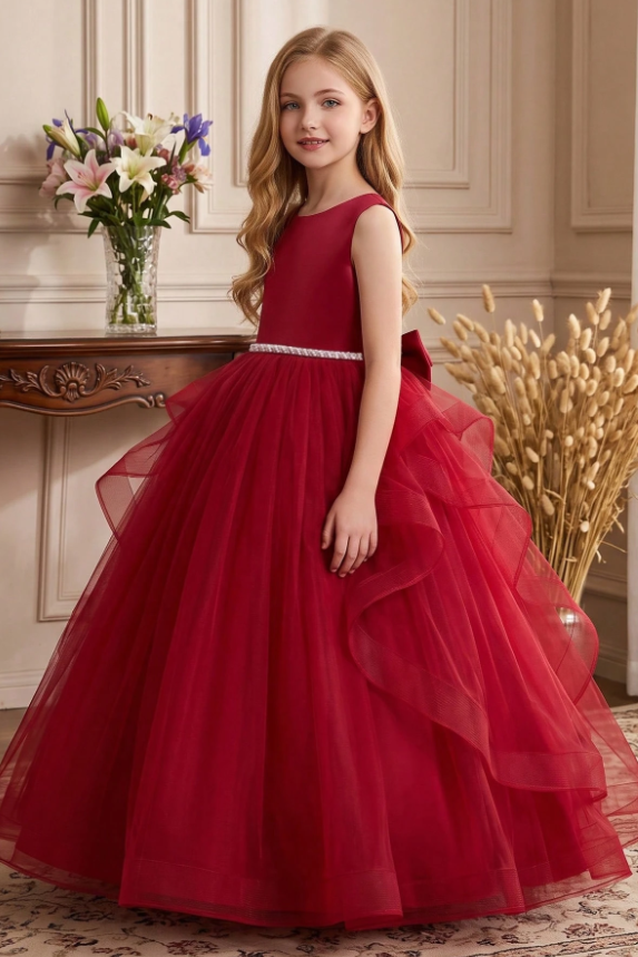 White Satin Tulle Back Big Bow Ruffled A-Line Flower Girl Dress