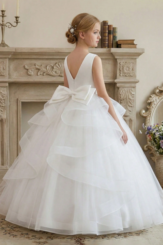White Satin Tulle Back Big Bow Ruffled A-Line Flower Girl Dress