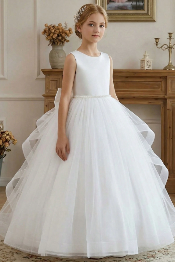 White Satin Tulle Back Big Bow Ruffled A-Line Flower Girl Dress