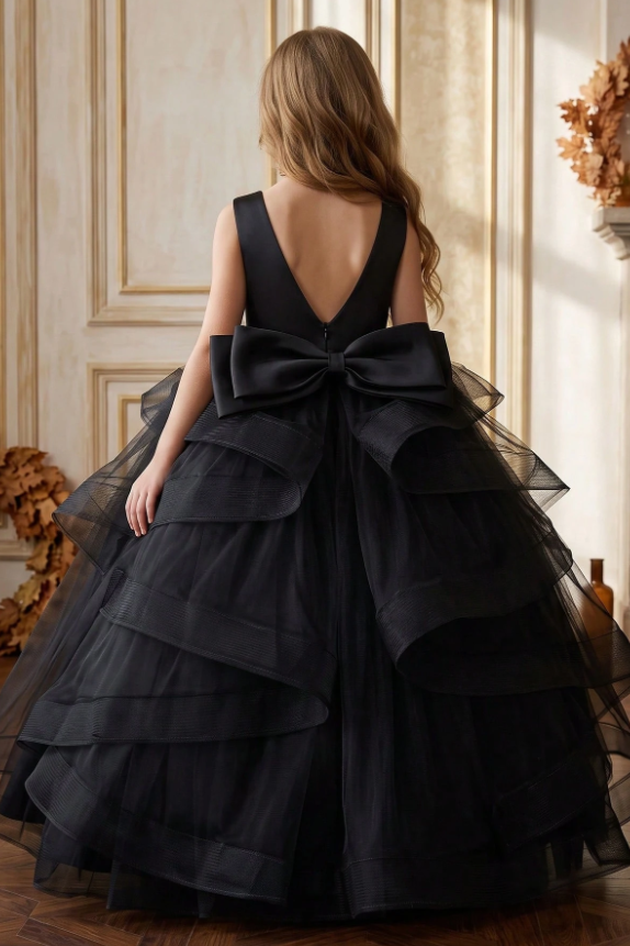 White Satin Tulle Back Big Bow Ruffled A-Line Flower Girl Dress