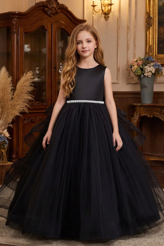 White Satin Tulle Back Big Bow Ruffled A-Line Flower Girl Dress