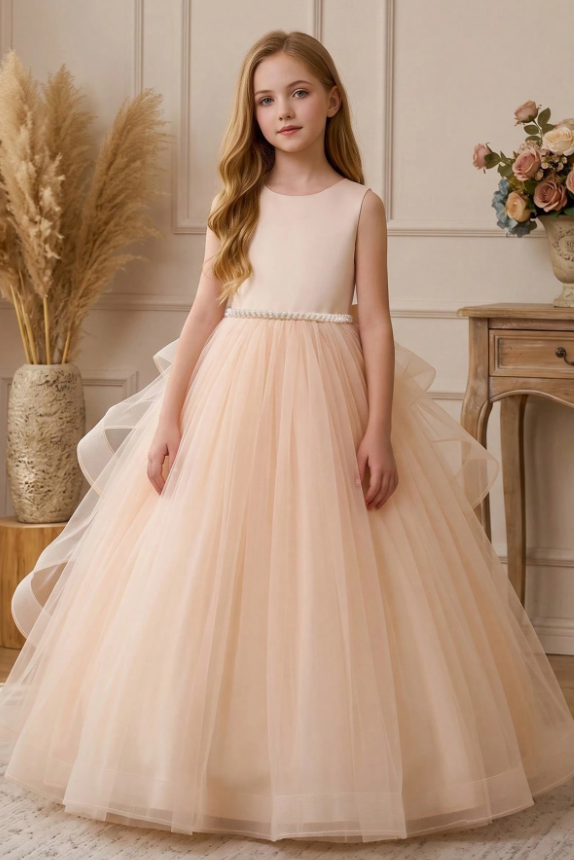 White Satin Tulle Back Big Bow Ruffled A-Line Flower Girl Dress