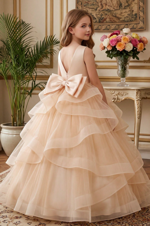 White Satin Tulle Back Big Bow Ruffled A-Line Flower Girl Dress