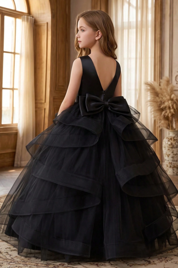 White Satin Tulle Back Big Bow Ruffled A-Line Flower Girl Dress