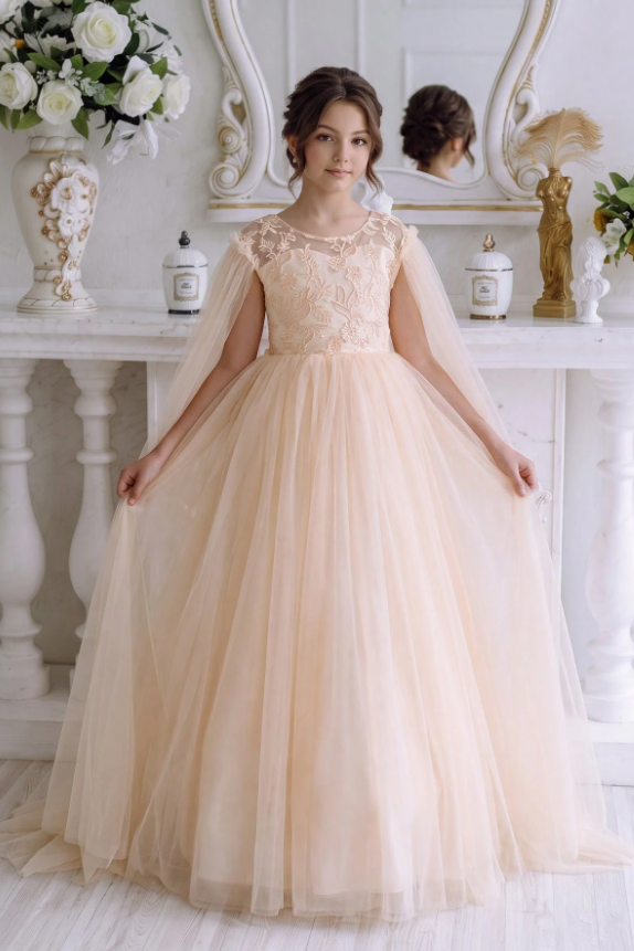 Sage Green Lace Tulle Cape Back Big Bow A-Line Flower Girl Dress