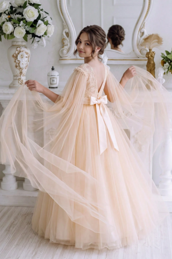 Sage Green Lace Tulle Cape Back Big Bow A-Line Flower Girl Dress