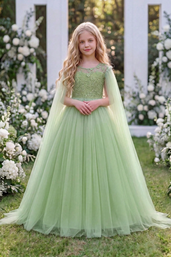 Sage Green Lace Tulle Cape Back Big Bow A-Line Flower Girl Dress
