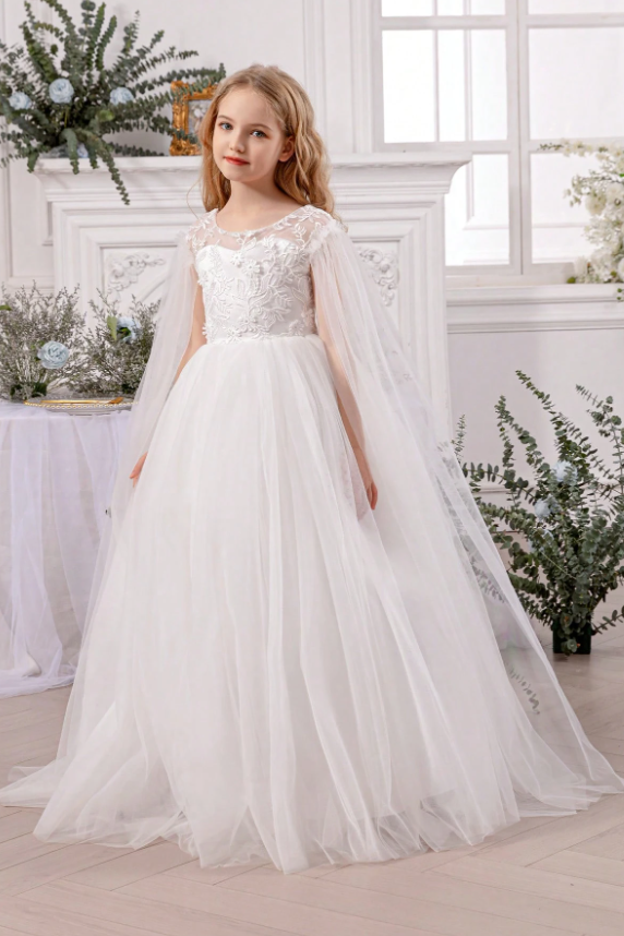 Sage Green Lace Tulle Cape Back Big Bow A-Line Flower Girl Dress