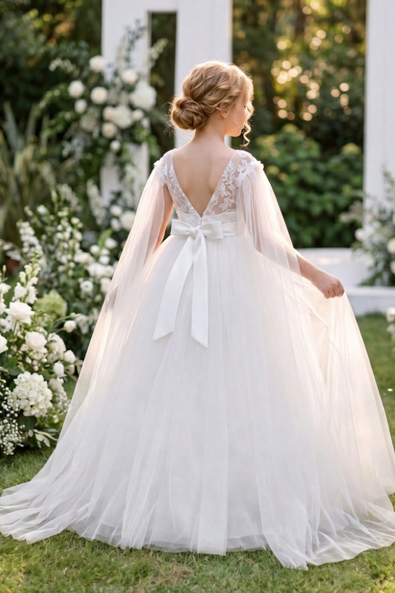 Sage Green Lace Tulle Cape Back Big Bow A-Line Flower Girl Dress
