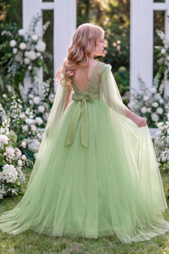 Sage Green Lace Tulle Cape Back Big Bow A-Line Flower Girl Dress