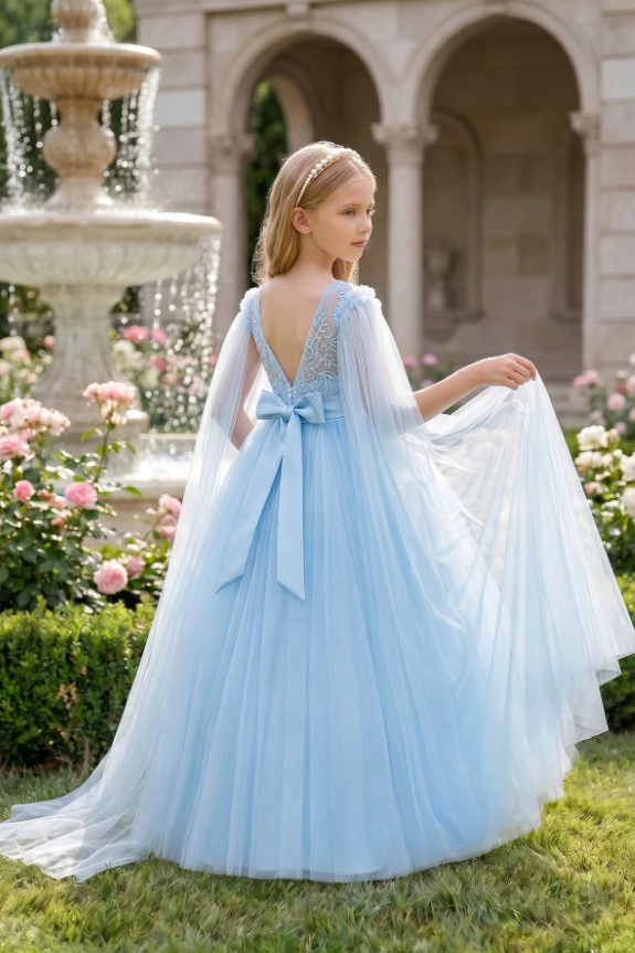 Sage Green Lace Tulle Cape Back Big Bow A-Line Flower Girl Dress
