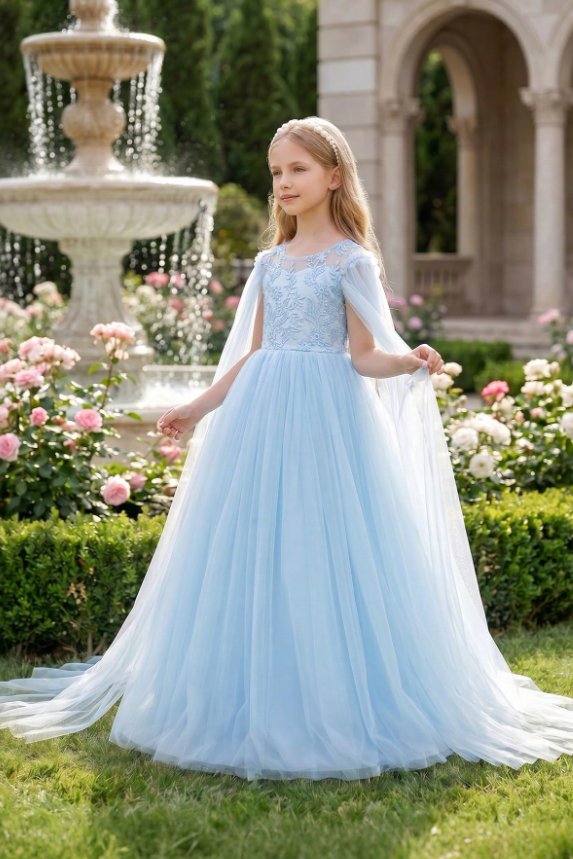 Sage Green Lace Tulle Cape Back Big Bow A-Line Flower Girl Dress