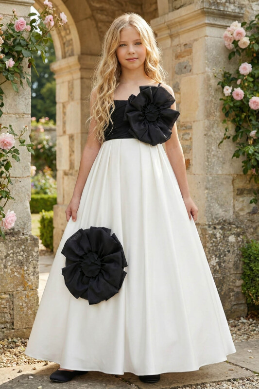Pink Satin and White Organza 3D Floral A-Line Flower Girl Dress