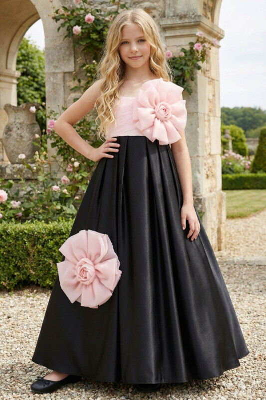 Pink Satin and White Organza 3D Floral A-Line Flower Girl Dress