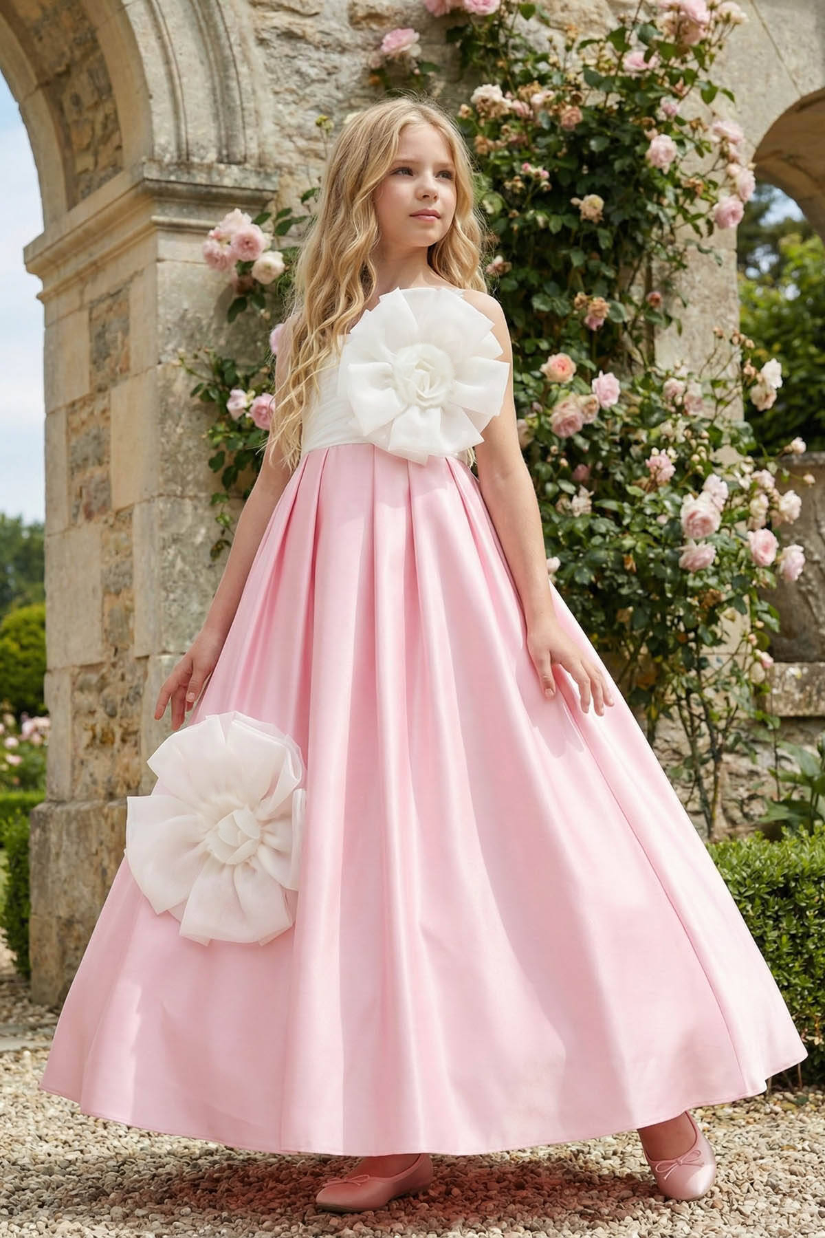 Pink Satin and White Organza 3D Floral A-Line Flower Girl Dress