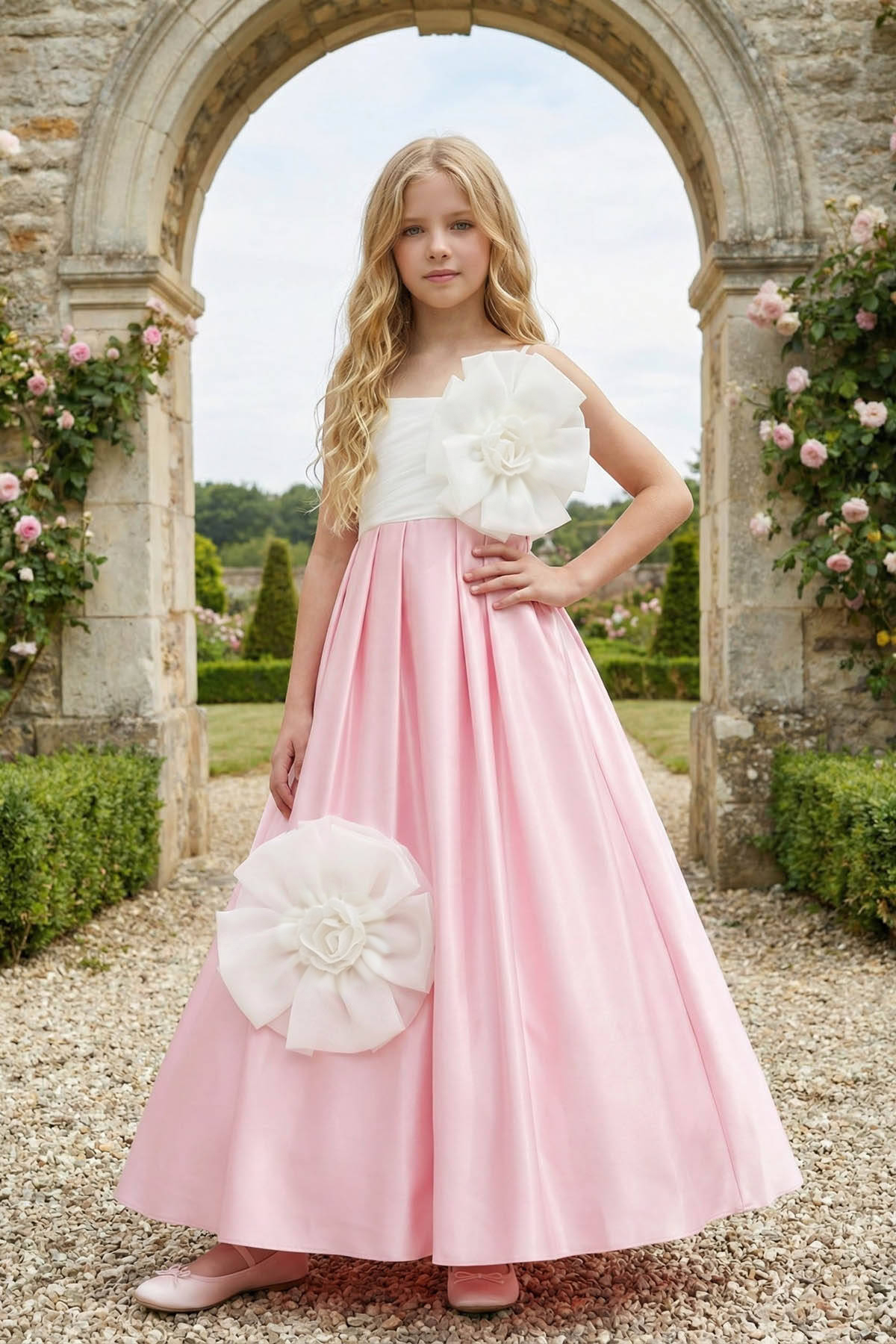 Pink Satin and White Organza 3D Floral A-Line Flower Girl Dress