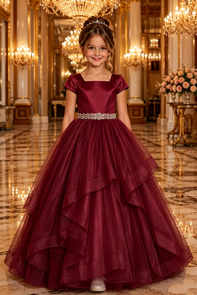 Girls Dusty Rose Satin Tulle Ball Gown for Weddings with Rhinestone Waist Trim