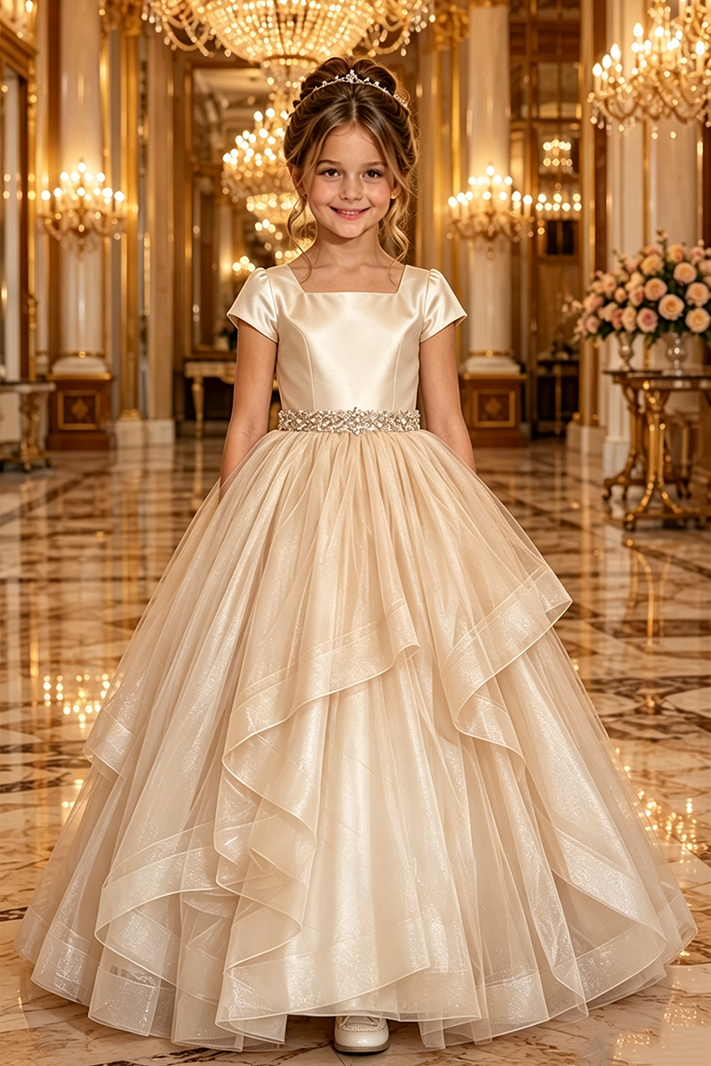 Girls Dusty Rose Satin Tulle Ball Gown for Weddings with Rhinestone Waist Trim