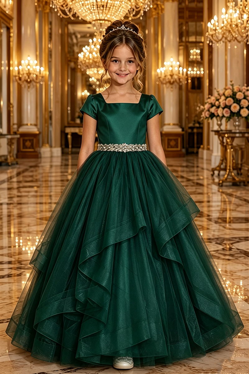 Girls Dusty Rose Satin Tulle Ball Gown for Weddings with Rhinestone Waist Trim