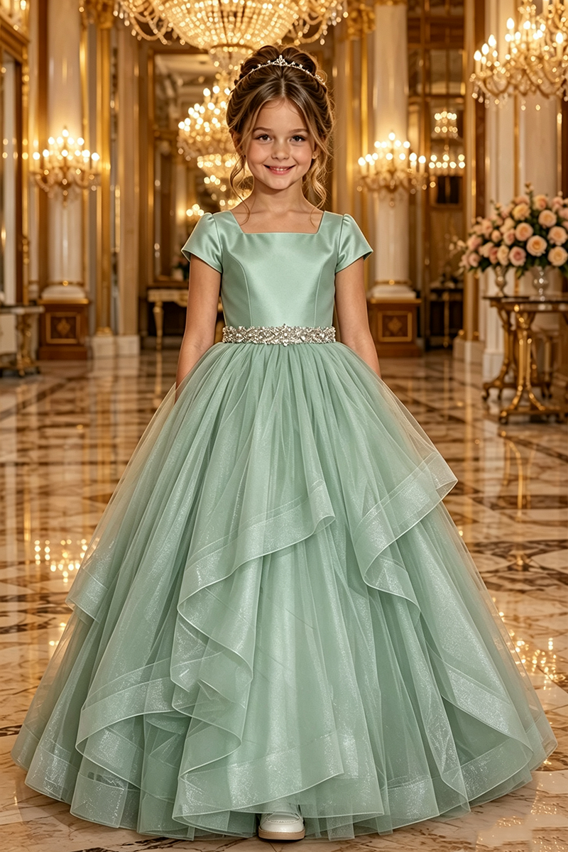 Girls Dusty Rose Satin Tulle Ball Gown for Weddings with Rhinestone Waist Trim