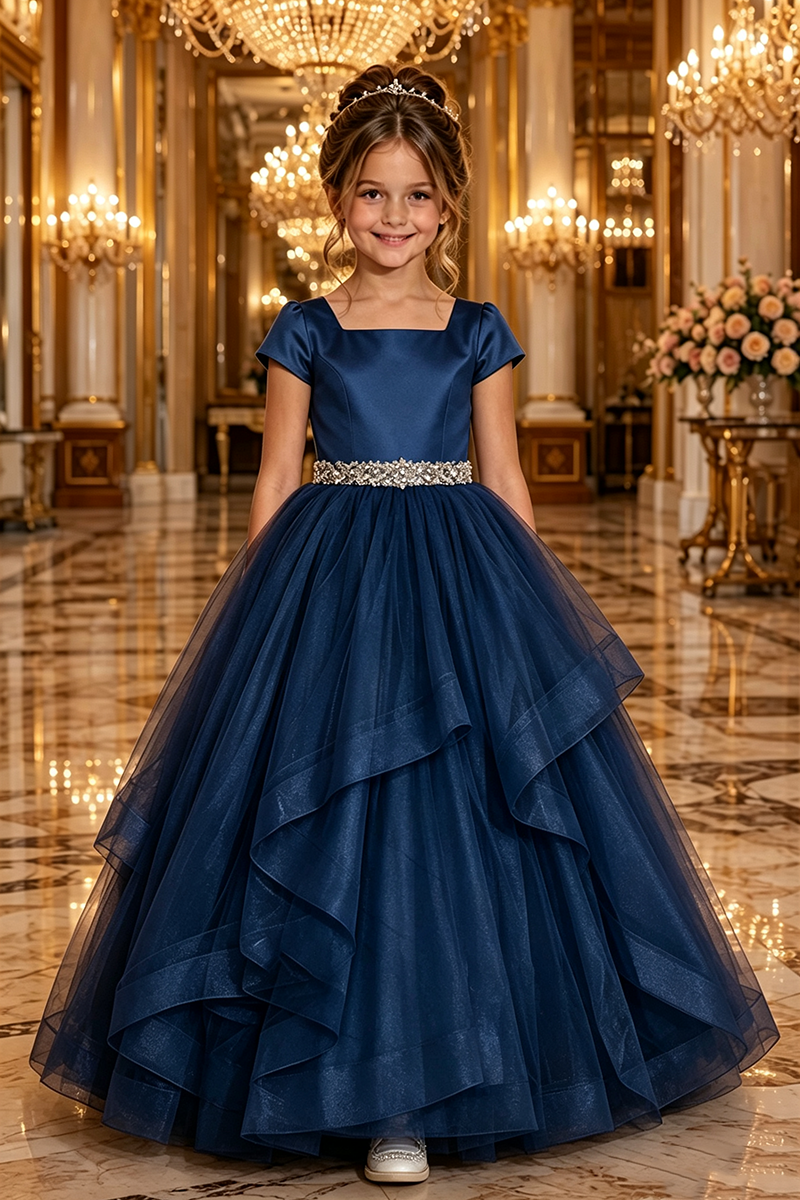 Girls Dusty Rose Satin Tulle Ball Gown for Weddings with Rhinestone Waist Trim