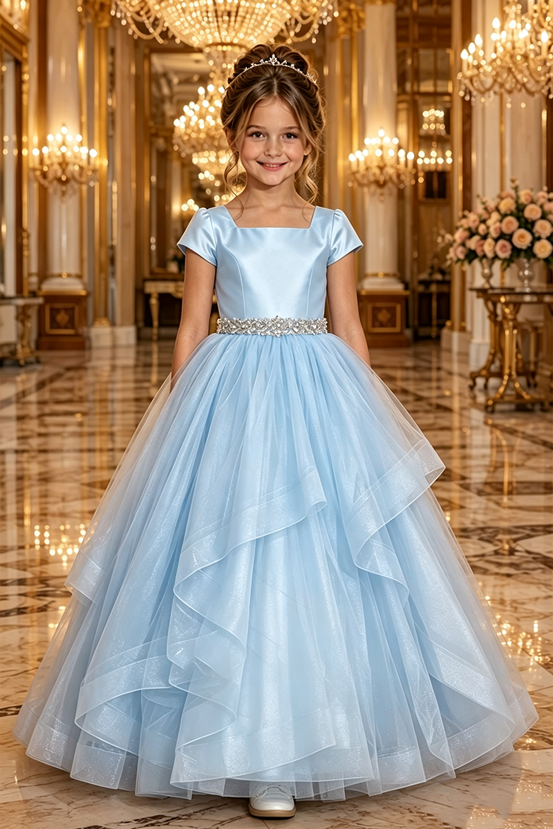 Girls Dusty Rose Satin Tulle Ball Gown for Weddings with Rhinestone Waist Trim