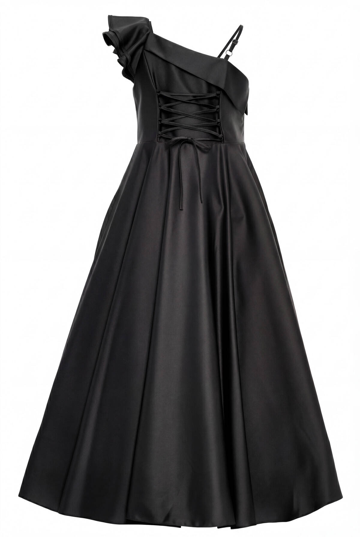 Black Satin One Shoulder Ruffled 3D Floral A-Line Flower Girl Dress