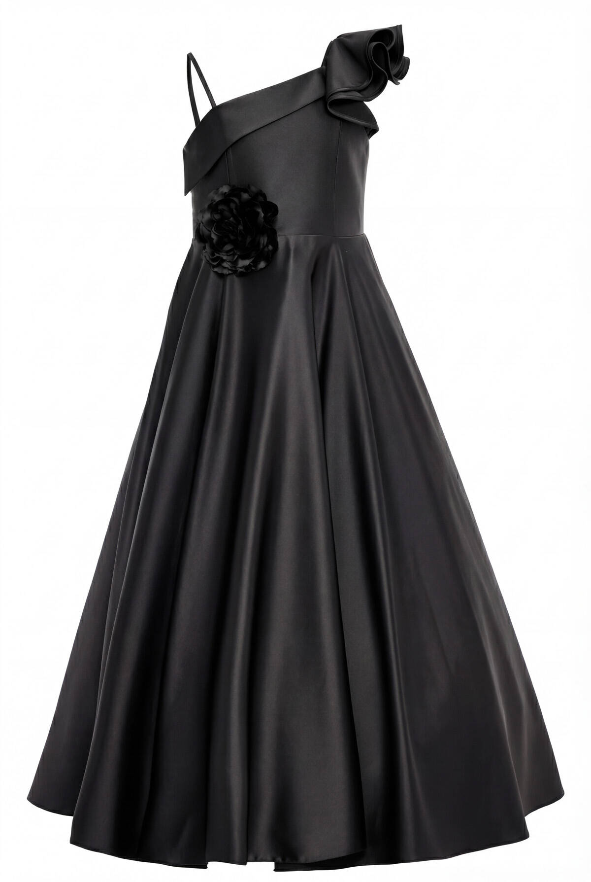 Black Satin One Shoulder Ruffled 3D Floral A-Line Flower Girl Dress