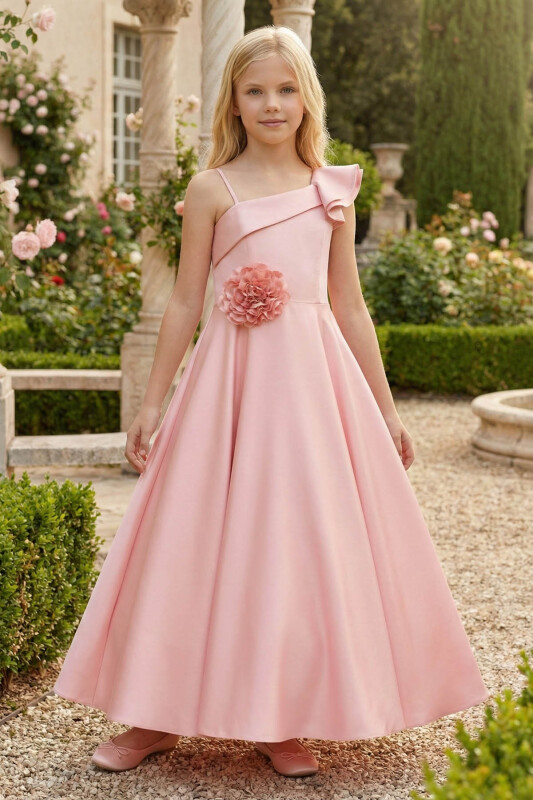 Black Satin One Shoulder Ruffled 3D Floral A-Line Flower Girl Dress
