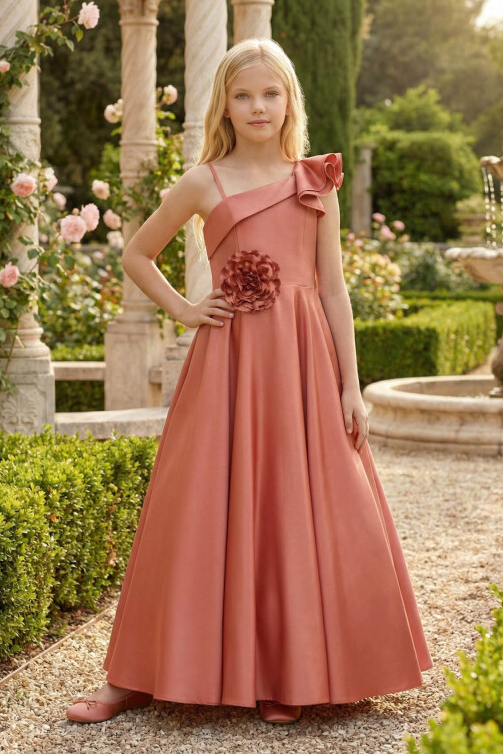 Black Satin One Shoulder Ruffled 3D Floral A-Line Flower Girl Dress