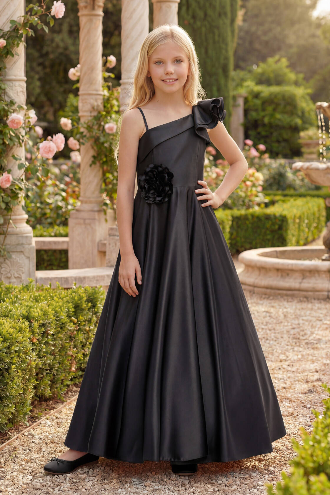 Black Satin One Shoulder Ruffled 3D Floral A-Line Flower Girl Dress