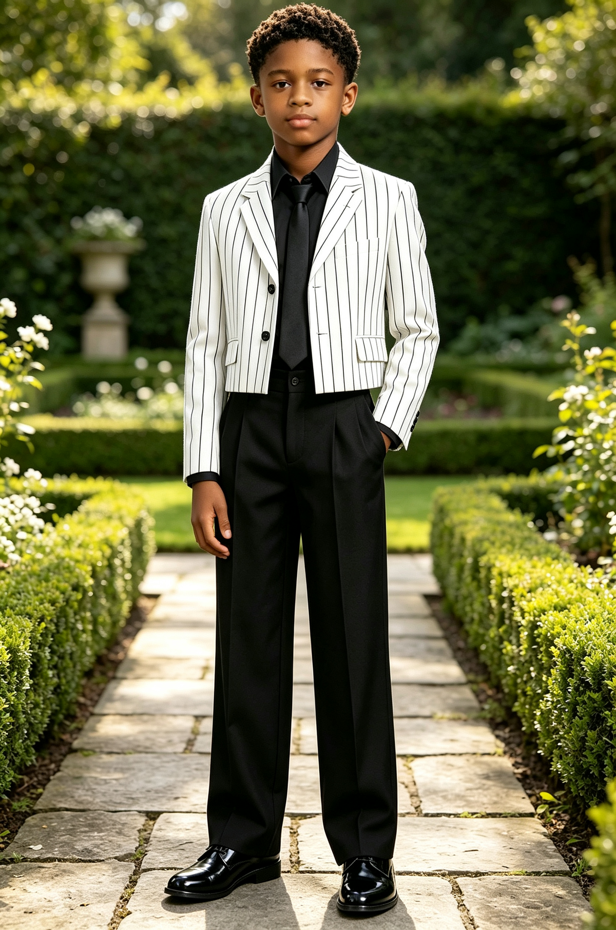 Black & White Striped Cropped Blazer Single Breasted 2 Piece Suit Set