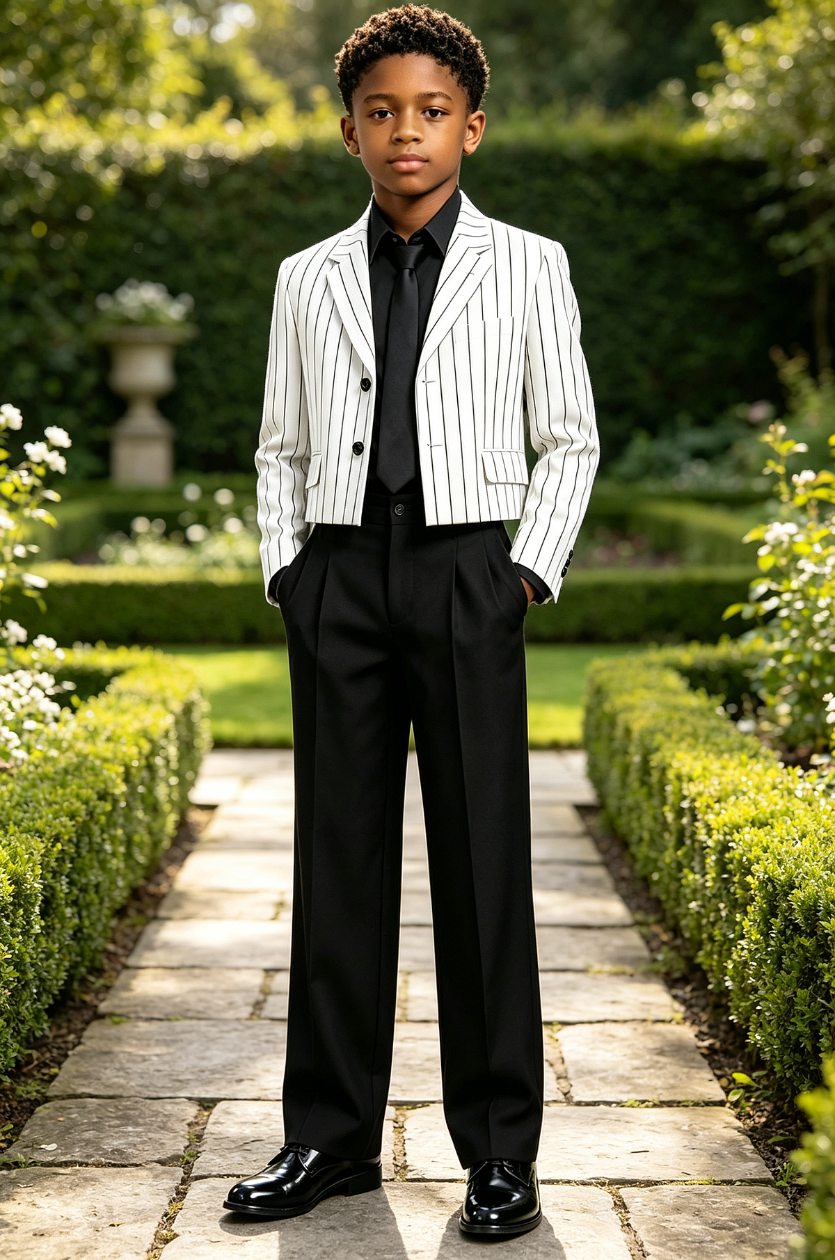 Black & White Striped Cropped Blazer Single Breasted 2 Piece Suit Set