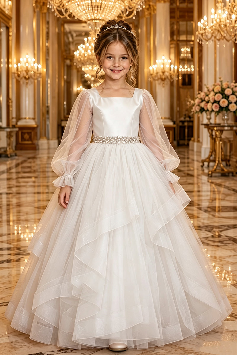Girls Dusty Pink Tulle Gown for Weddings with Beaded Waistband